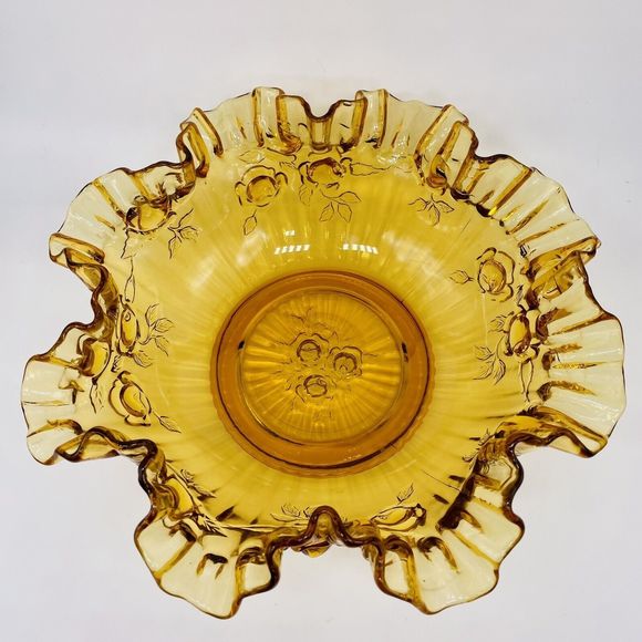 Vintage Fenton Cabbage Rose Amber Glass Candy Bowl 9” Diameter Mint Condition - Picture 4 of 6